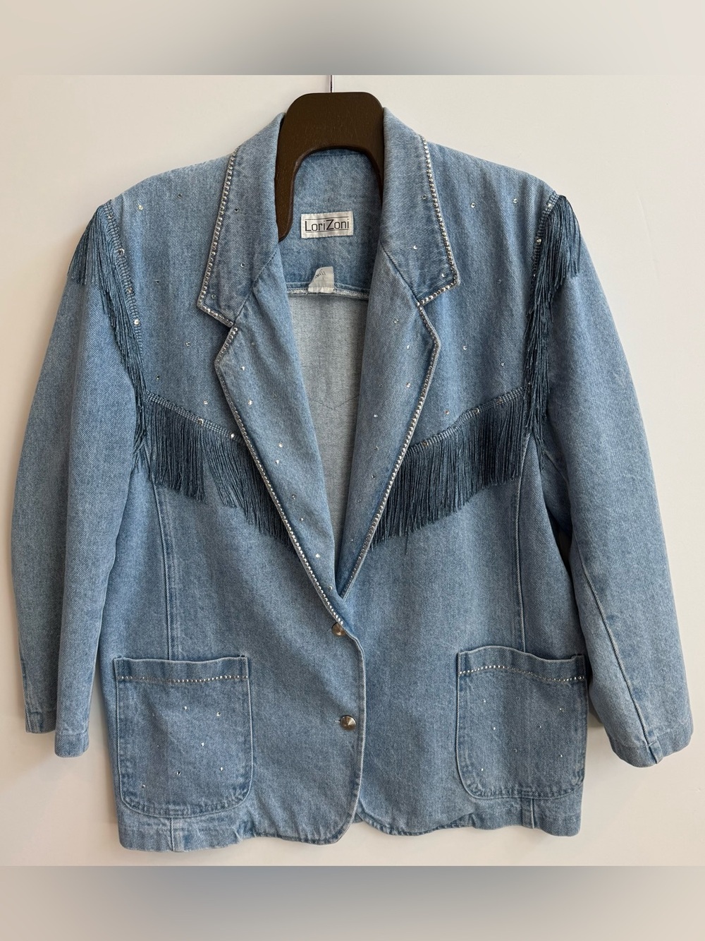 Vintage Lori Zoni Women’s L Fringe Denim Blazer Jacket Studded Embellished
